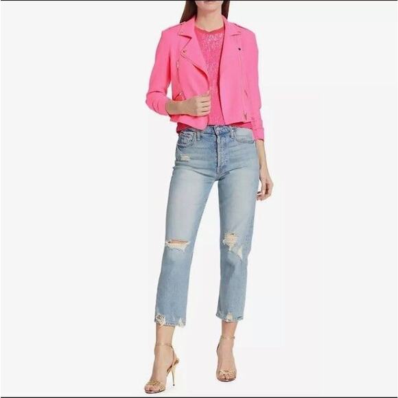 Generation Love Colleen Crepe Moto Jacket Ruched Sleeves Zip Up Ultra Pink S NEW